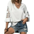 thumbnail image 3 of Xuanfei Women Solid Color V Neck Crochet Cutout Ruffle Flare Sleeve Top, 3 of 6