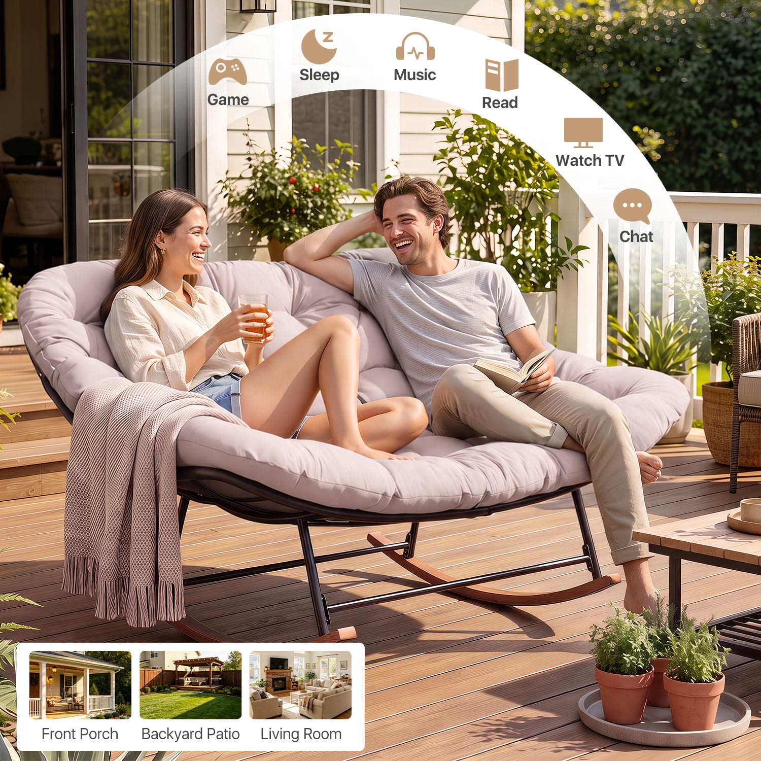 BaPiPro Oversized Double Papasan Rocking Chair with Thick Cushion, 2 Person Outdoor Rocking Loveseat, Heavy Duty Double Egg Chair with Wood Grain Base for Patio Porch, 440lbs Capacity, Light Gray