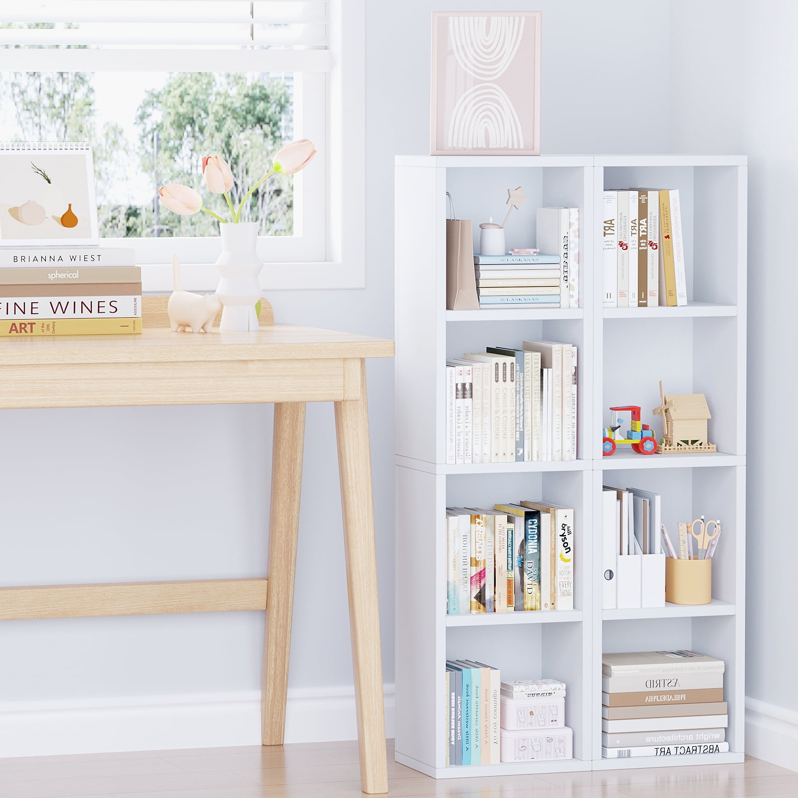 ALISENED 4 Cube Tall Skinny Bookcase, Narrow Organizer Shelf, Wood Corner Bookshelf, Storage Shelves