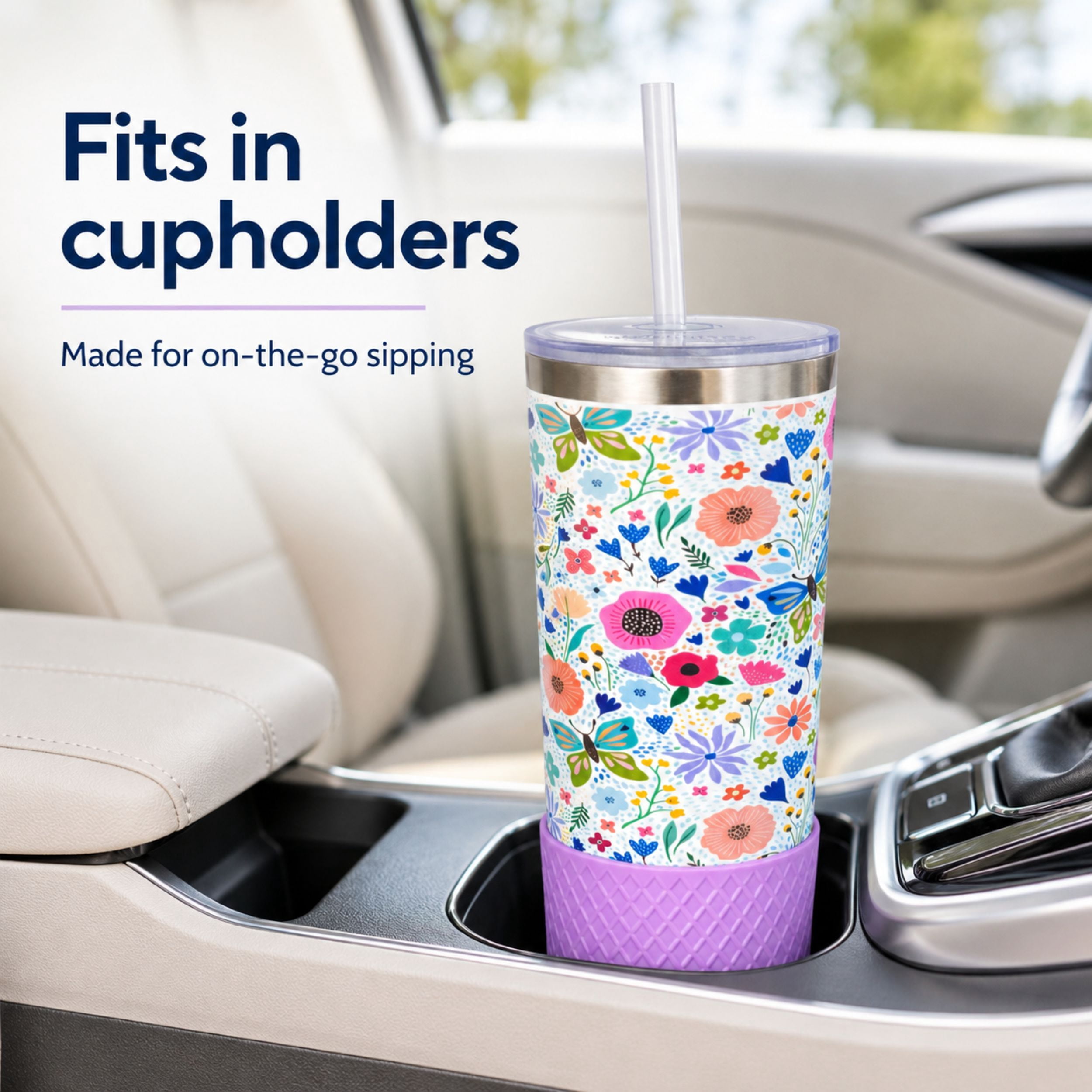 Biddlebee 20oz Insulated Stainless Steel Tumbler with Straw and Silicone Boot, Garden Blooms