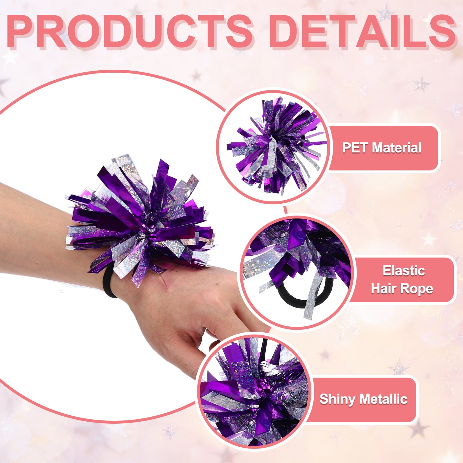 Uxcell 24 Pcs Cheerleading Pom Poms Hair Ropes for Basketball Game,Outdoor Activities, Purple