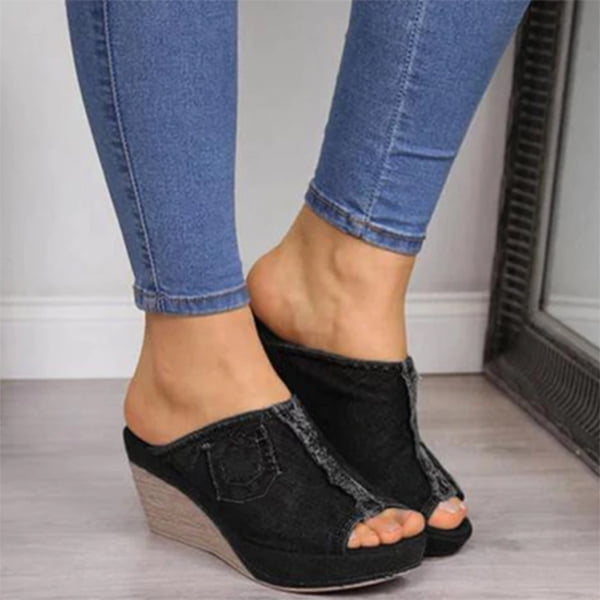 Denim Fringe & Button Decoration Wedge Sandals