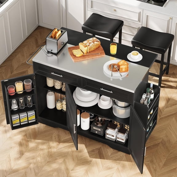 Concho 56" Black Rolling Kitchen Island Cart with Seating, Stainless Steel Countertop, Folding Drop Leaf, Power Outlet & Spice/Towel Rack