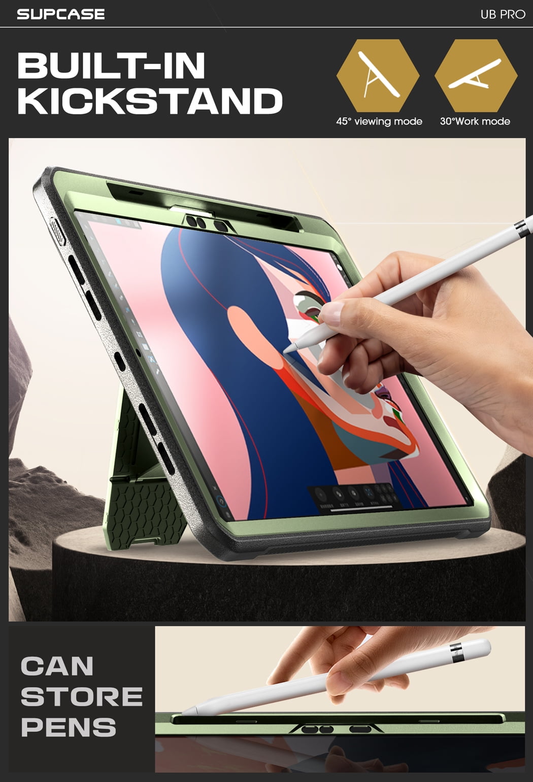 SUPCASE for iPad Pro 11 Inch Case M4 2024 5th Generation with Pencil Holder (Unicorn Beetle Pro), [Built-in Screen Protector & Stand] Full-Body Rugged Cover for iPad Pro 11 Inch M4 2024 5th Gen,Green