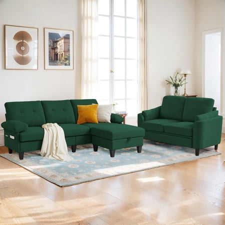 Pingliang Home Sectional Sofa with Storage Ottoman and Loveseat, 3 Seat L Shaped Couch with Side Pockets and 2 Seat Small Sofa,Living Room Furniture Set for Home Apartment Office Studio