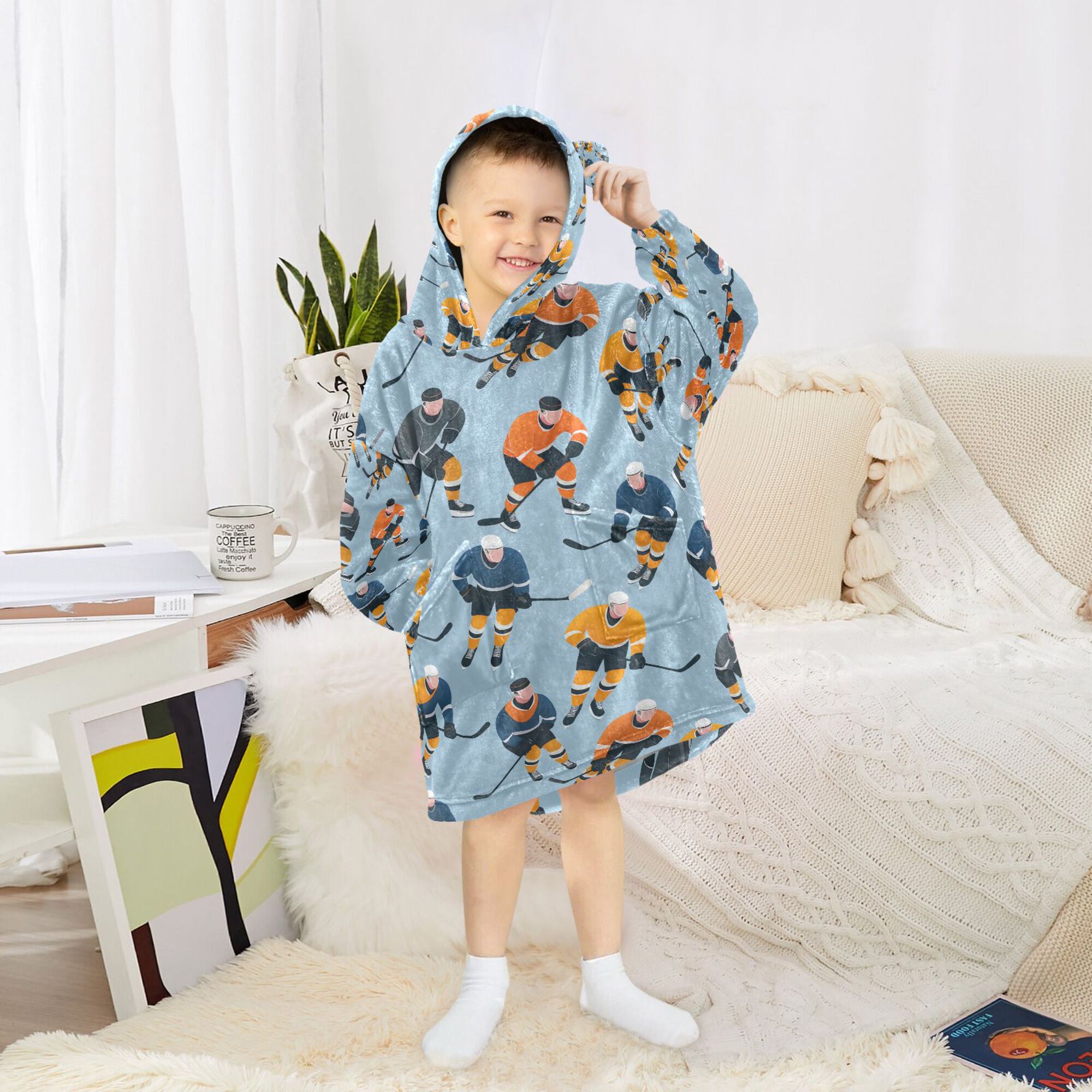 FORMRS Wearable Blanket Hoodie with Sleeves for Kids Cozy Flannel Sweatshirt, Cartoon Hockey Pattern