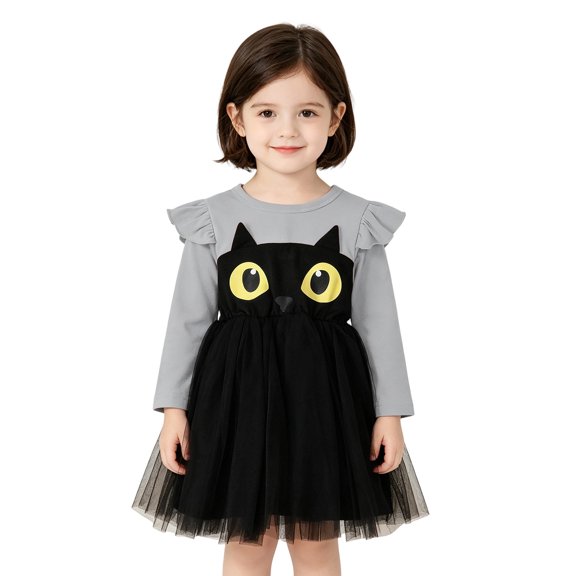 MEZZALL Toddler Halloween Prints Mesh Dress Kids Baby Girls Long Sleeve Cartoon O-Neck Vacation Dresses