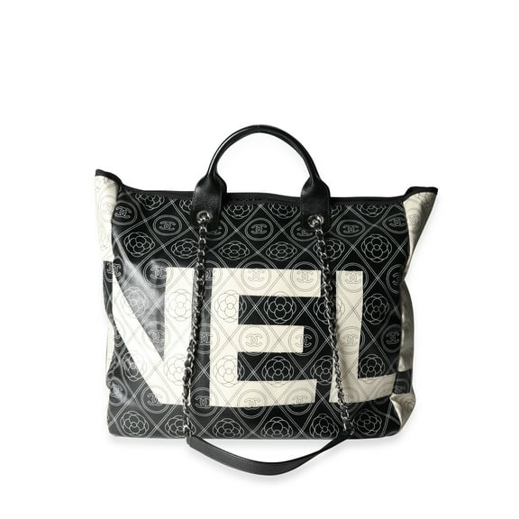 Pre-Owned Chanel Black and Beige Coated Canvas and Leather Camellia & CC Print Shopper Tote