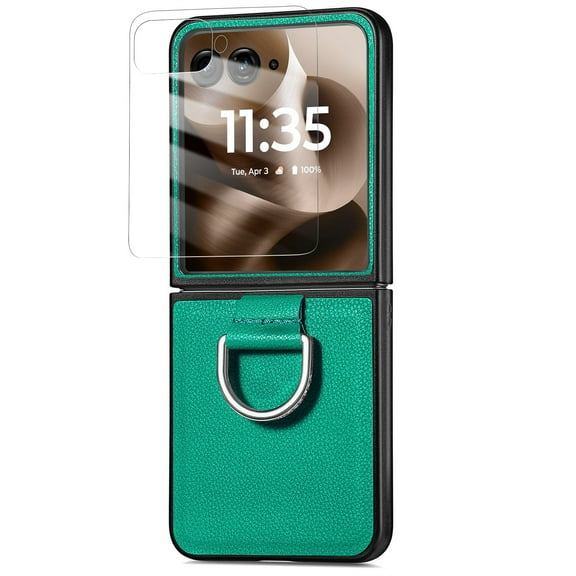 Dteck Case with Front Screen Protector for Motorola Razr 2024/2025,Slim Leather Protective Case with Ring Hard PC Back Cover Non-Slip Compatible with Motorola Razr 2025/2024,Green