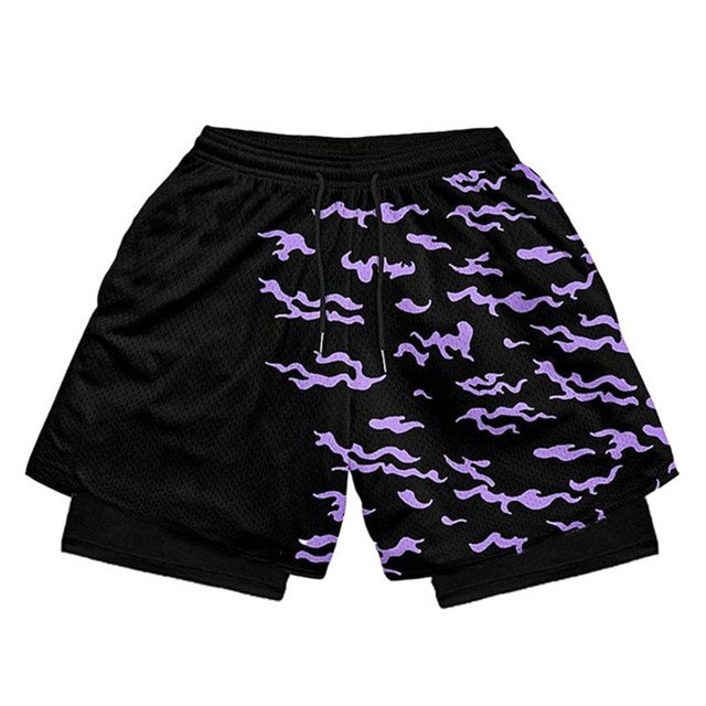 Pantalones cortos de compresión de Anime para hombre, ropa deportiva para gimnasio, 2 en 1, doble capa, entrenamiento, Fitness, rendimiento