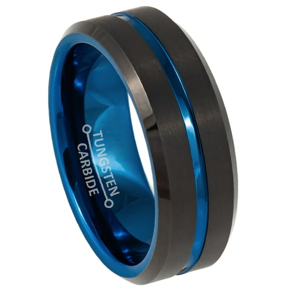8mm Mens 2-Tone Tungsten Wedding Band, Grooved Center, Beveled Edge Engagement Ring - TN986WAs10