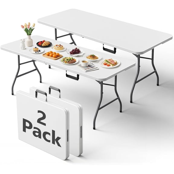 NiamVelo 2 Pack Folding Tables 6ft Folding Table Portable Plastic Indoor Outdoor Camping Dining Table with Carrying Handle, (2 Pack, White)