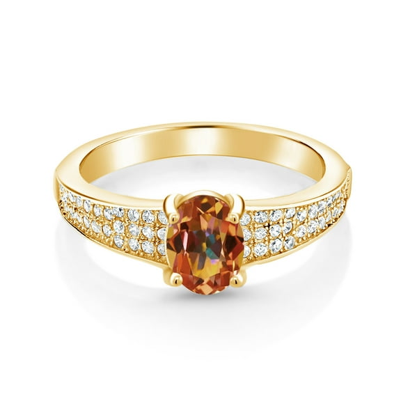 Gem Stone King 18K Yellow Gold Plated Silver Ecstasy Mystic Topaz Engagement Ring for Women (1.98 Cttw, Oval 8X6MM, Gemstone Birthstone, Size 6)