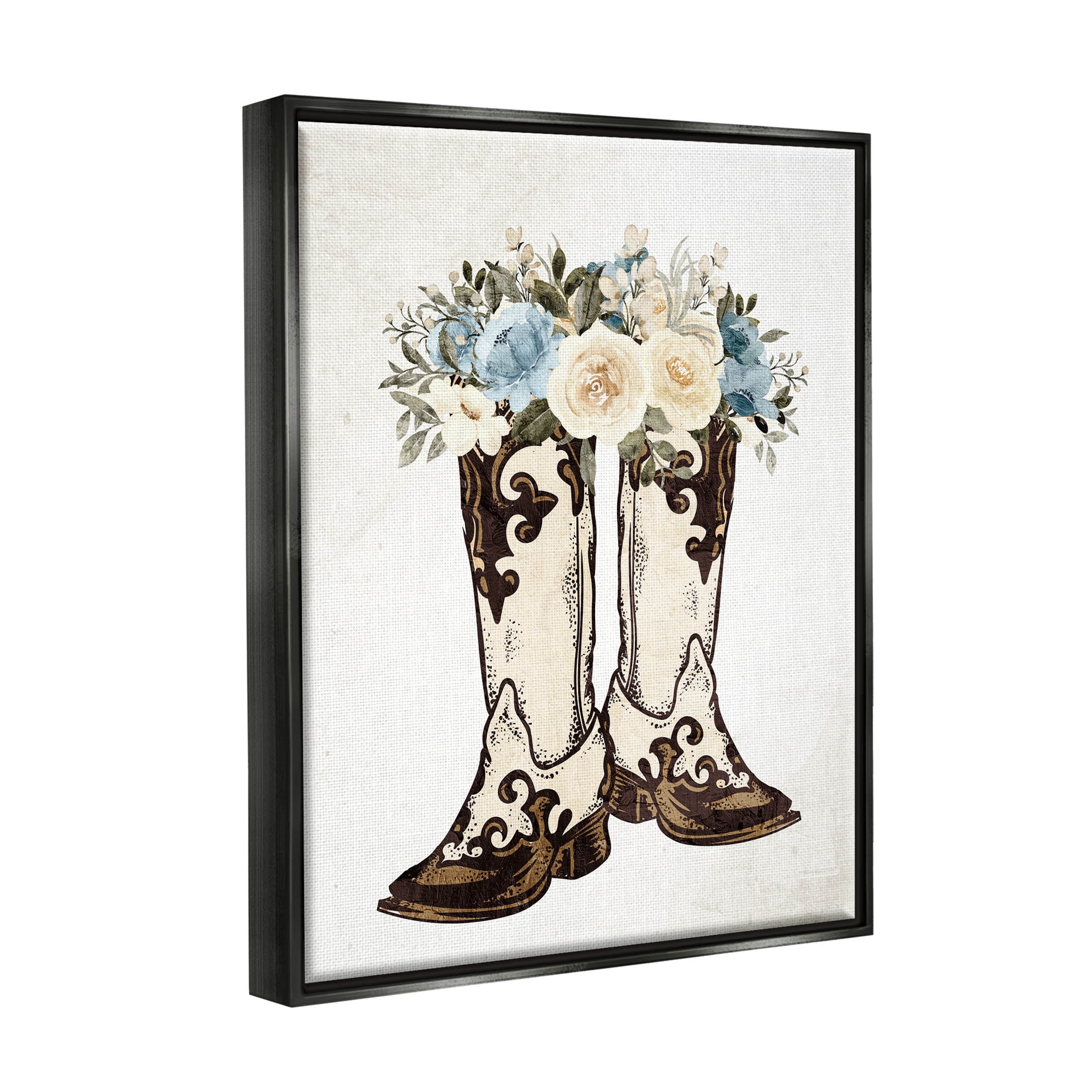 Cowboy Boot Mixed Flower Bouquet Botanical & Floral Graphic Art Jet Black Framed Art Print Wall Art