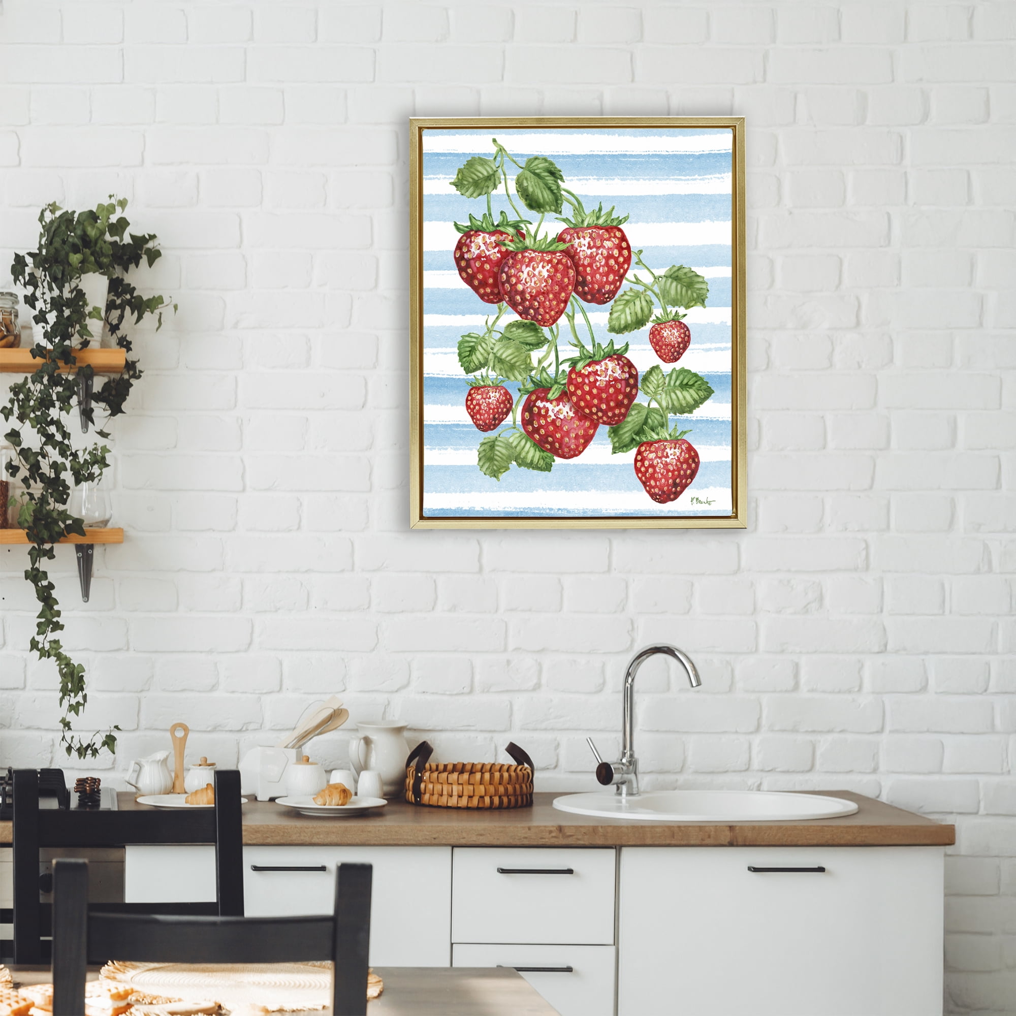 Stupell Industries Juicy Strawberry Vine Gold Framed Floater Canvas Wall Art, design by Paul Brent
