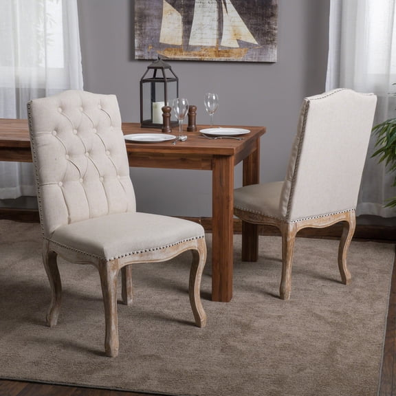 OUFAN Fabric Dining Chairs Set of 2, Button Tufted Dining Chair with Nailhead Trim, Modern Side Chair with Upholstered & Wood Legs for Dining Room, White