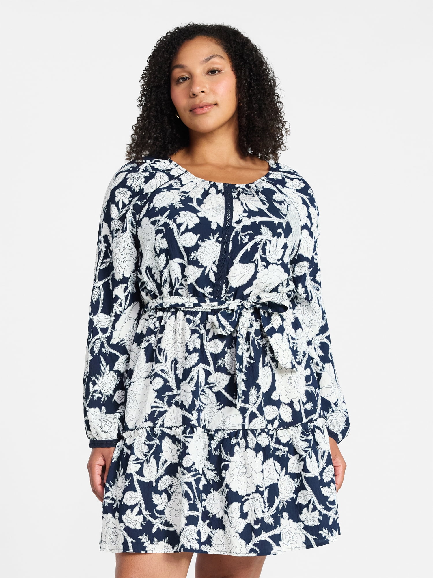 Time and Tru Women's Lace Trimmed Mini Dress with Long Sleeves, Sizes XS – XXXL