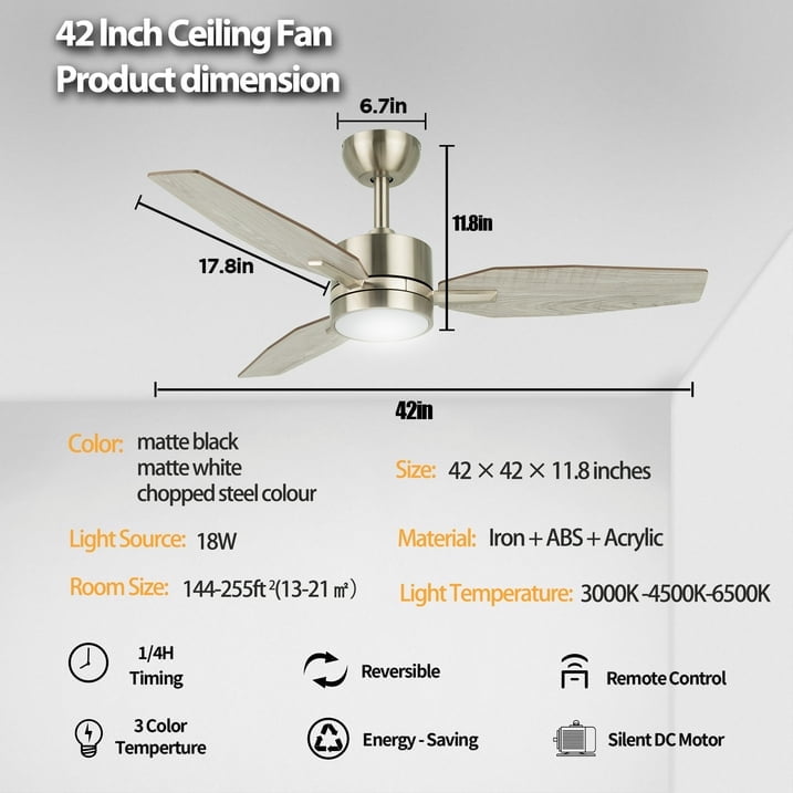 Vagizm 42 Inch Ceiling Fan with Light - 3 Blades Modern Ceiling Fan for Living Room and Bedroom - Quiet DC Motor - 3CCT - 6 Speeds - Dimmable - Reversible Function - Light Wood Tone