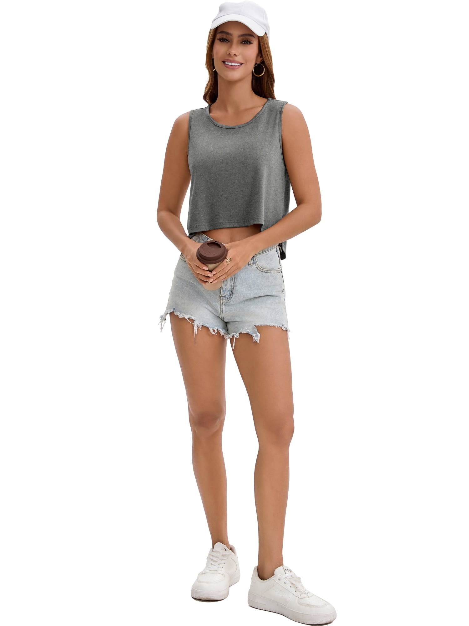 DARING DIVA Women's High Low Sleeveless Flowy Tank Top Athletic Yoga Workout Shirt XL Grey