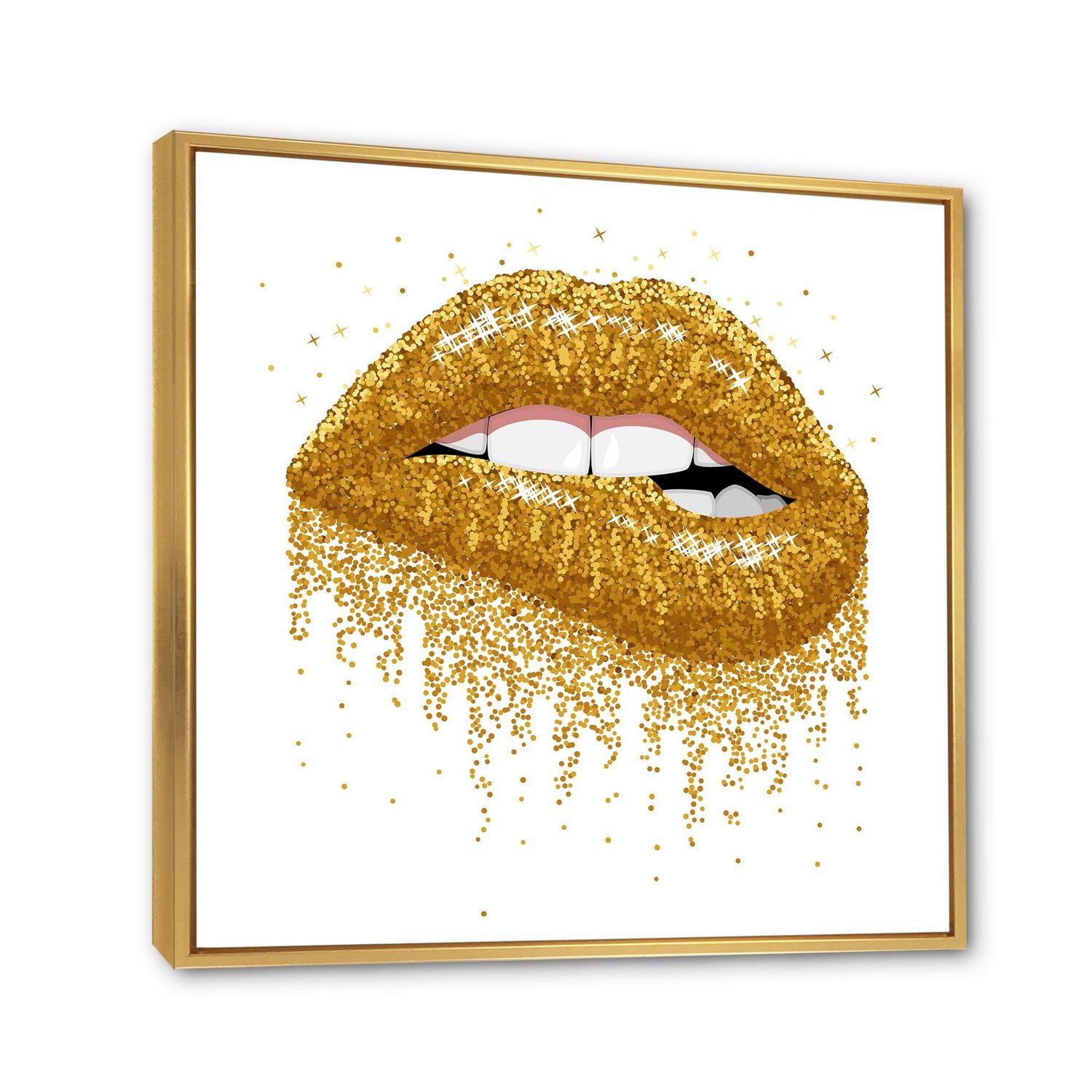 Designart Woman Lips With Glitter Gold Sparkles FLOAT FRAME WALL ART