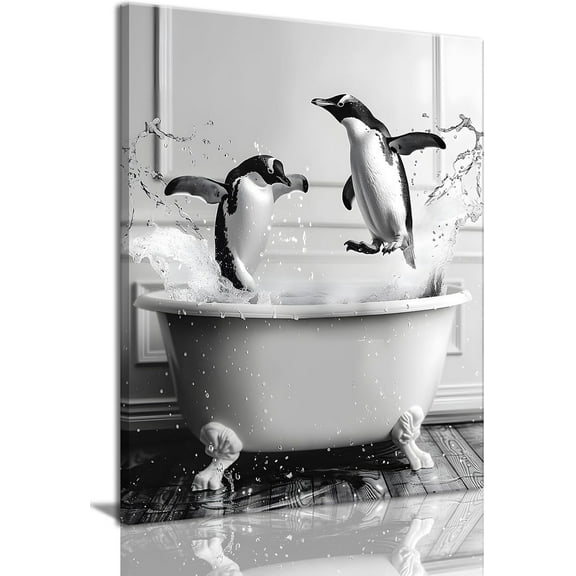 Aaheei Bathroom Decor Wall Art Funny Penguin in Bathtub Canvas Painting Prints Black and White Humor Animal Picture Cute Animals Poster for Kid's Room Restroom 8 x 10 in