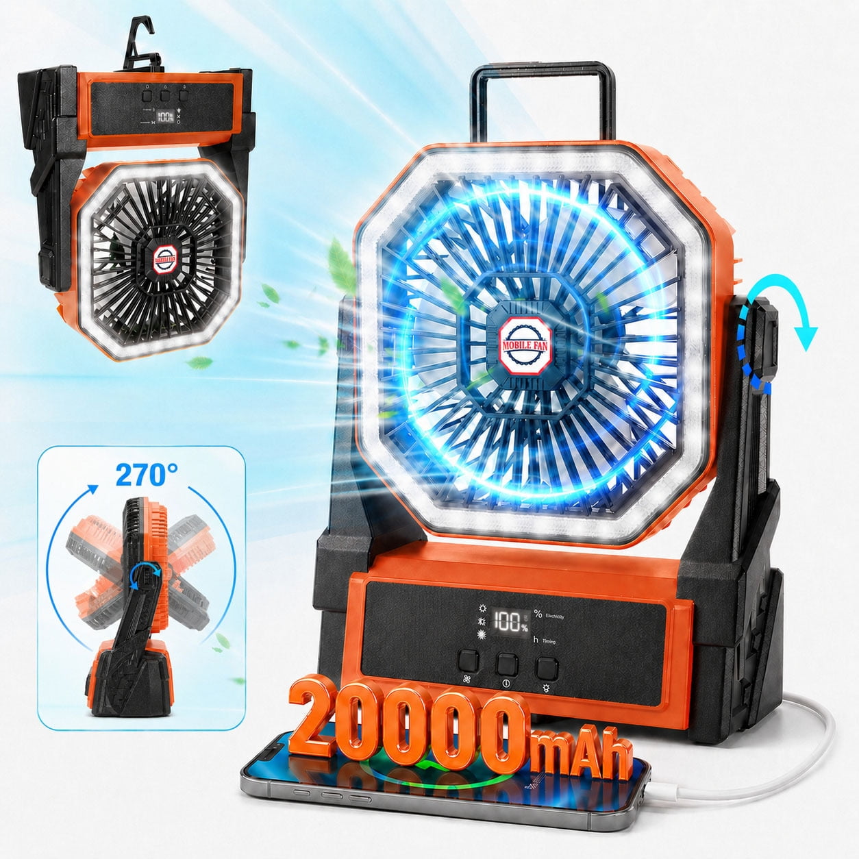 Henotian Camping Fan,Portable Fan for Travel, 20000mAh Rechargeable Desk fan, Battery Operated Fan with Hanging Hook for Tent,Office,Travel,Fishing,Picnic
