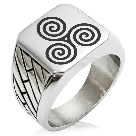 Stainless Steel Celtic Triskele Triskelion Triple Spiral Geometric Pattern Biker Style Polished Ring