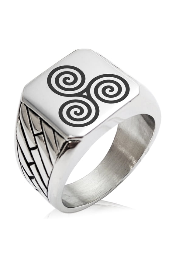 Stainless Steel Celtic Triskele Triskelion Triple Spiral Geometric Pattern Biker Style Polished Ring