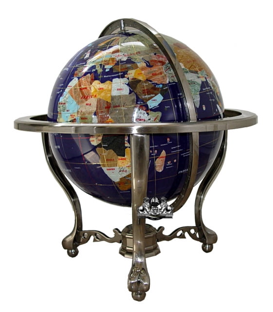Unique 21" Tall Blue Lapis Tripod Gold Leg table Gem Gemstone World Map Globe 