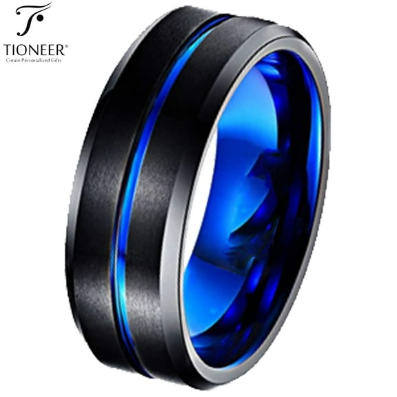 Tioneer Tungsten Ring Black IP w/ Distinct Blue or Red Center Line 8mm Comfort Fitw/ Free Engraving Options