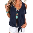 thumbnail image 1 of Women Solid Cold Shoulder Blouse T-shirt Tie Knot Loose Tops Tee, 1 of 3