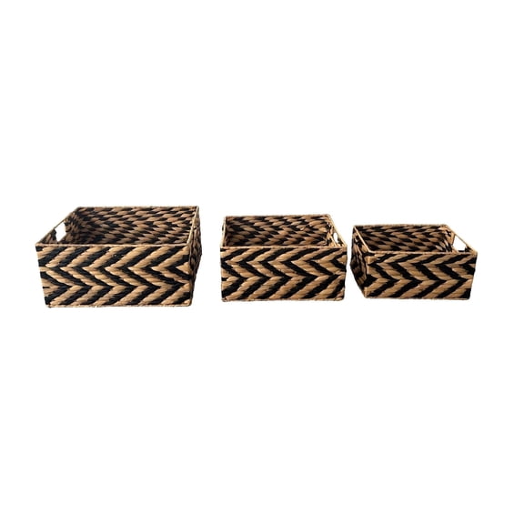 Set of 3 Rectangular Water Hyacinth Woven Storage Baskets with Handles, 3 Size Handwoven Wicker Organizers for Shelves & Home Décor