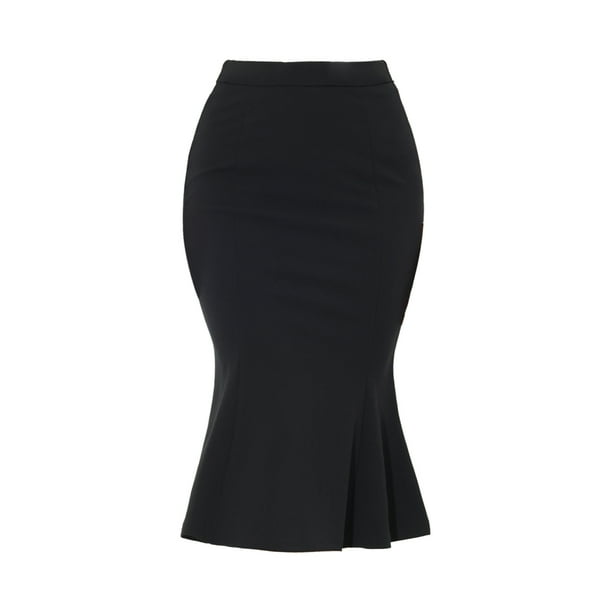 INSPIRE CHIC Falda de sirena para mujer, cintura alta, decoración de metal, cola de pez, falda midi Negro L