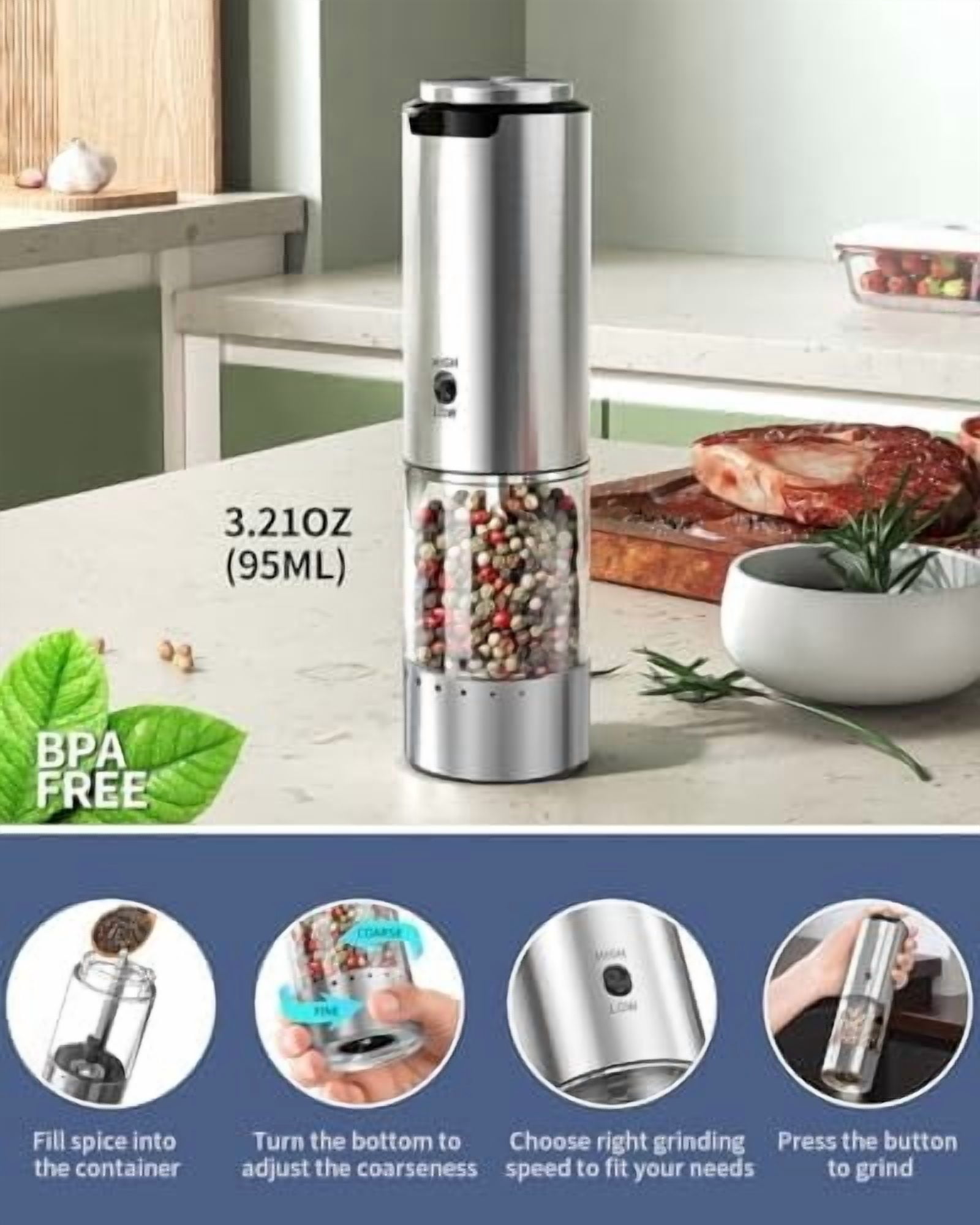 Electric Pepper Grinder Stainless Steel Rechargeable Pepper Mill with Variable Grinding Speed, External Adjustable Coarseness, 95ml Container and White LED Light, Silver