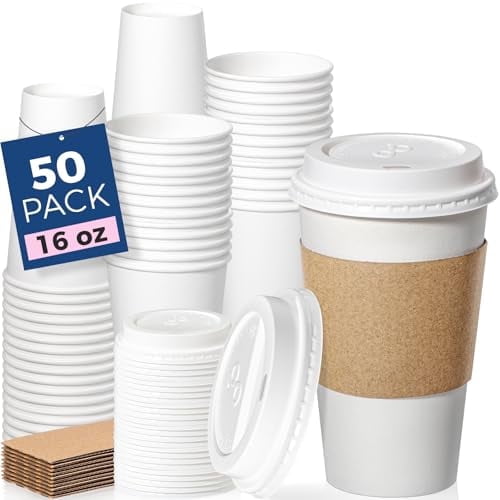 Fit Meal Prep 50 Pack 16 oz Disposable Coffee Cups with Lids, Sleeves, Leak-Proof To Go Coffee Cups with Lids, Durable Hot Paper Cups for Home, Office, Party, Business