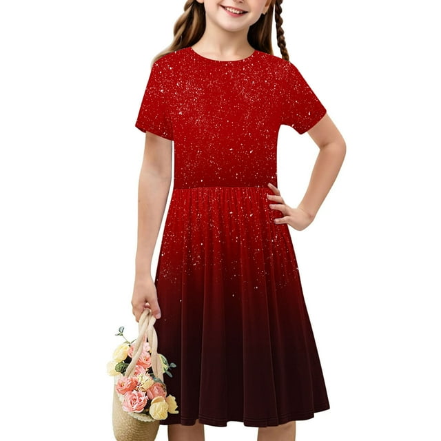 Économies d'Été! Robe d'Été pour Enfants, Robes Décontractées pour Filles en Liquidation, Robe Mignonne à Manches Courtes Imprimée Dégradée Extensible pour Tout-Petits Filles