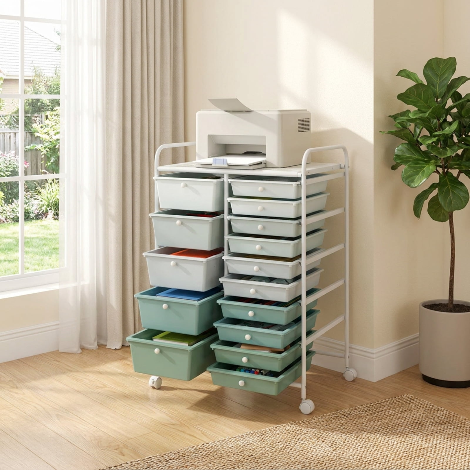 Furnibear 15-Drawer Utility Rolling Cart with Drawers Multi-Use Storage Organizer for Home Office Craft Room Classroom, Lime Green