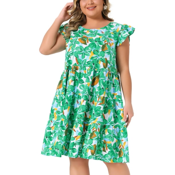 Vestido Boho de Talla Grande para Mujeres Agnes Orinda con Estampado Floral, Volantes en Capas, Mangas de Mariposa, Cuello Redondo, Vestido de Verano Babydoll 2X Verde