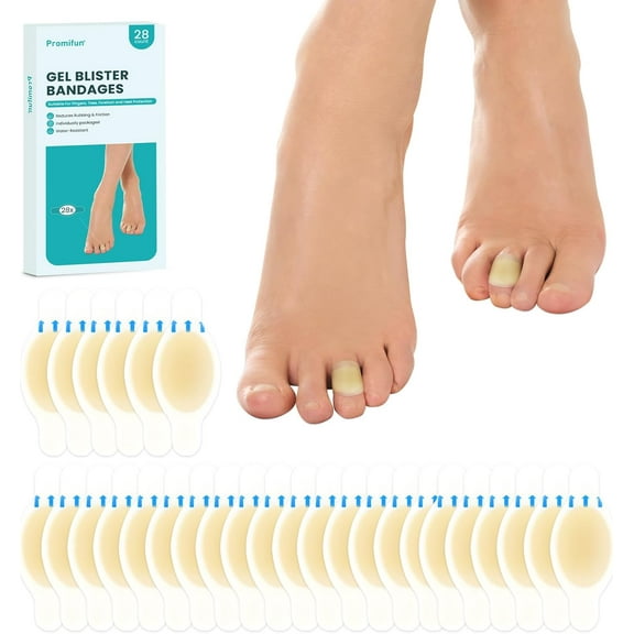 Promifun Blister Pads - 28 ct Water Resistant Hydrocolloid Bandages for Foot, Toe, Heel - Gel Cushions for Prevention & Recovery, Toe Pack