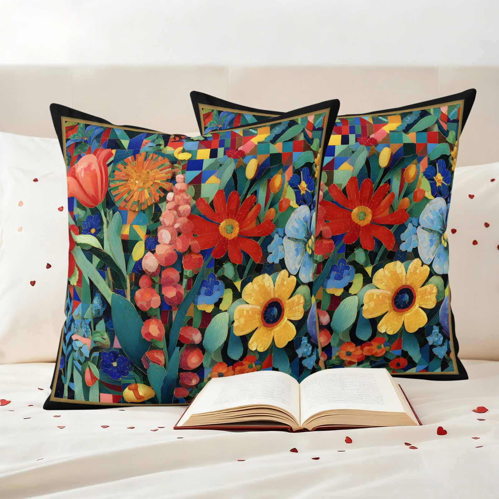 Spring Wildflowers Waterproof Outdoor Throw Pillow Covers 26"x26" Pack 2, Pillow Cases Throw Cushion Cover with Zipper, Modern Abstract Art Daisy Floral Leaves Washable Pillowcase for Poolside Sofa