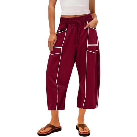 Delayuji Womens Capri Pants Casual Summer Baggy Wide Leg Pants Elactic Waist Barrel Pants Women With Pockets