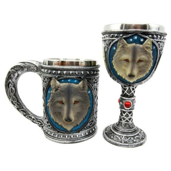 Large Celtic Blue Alpha Gray Wolf Mug And Wolf Wine Goblet Chalice Cup Set of 2
