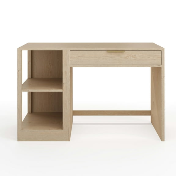 Martha Stewart Home Office Modular Single-Drawer Desk with 2 Tier Shelf in Light Natural with Brushed Gold Hardware