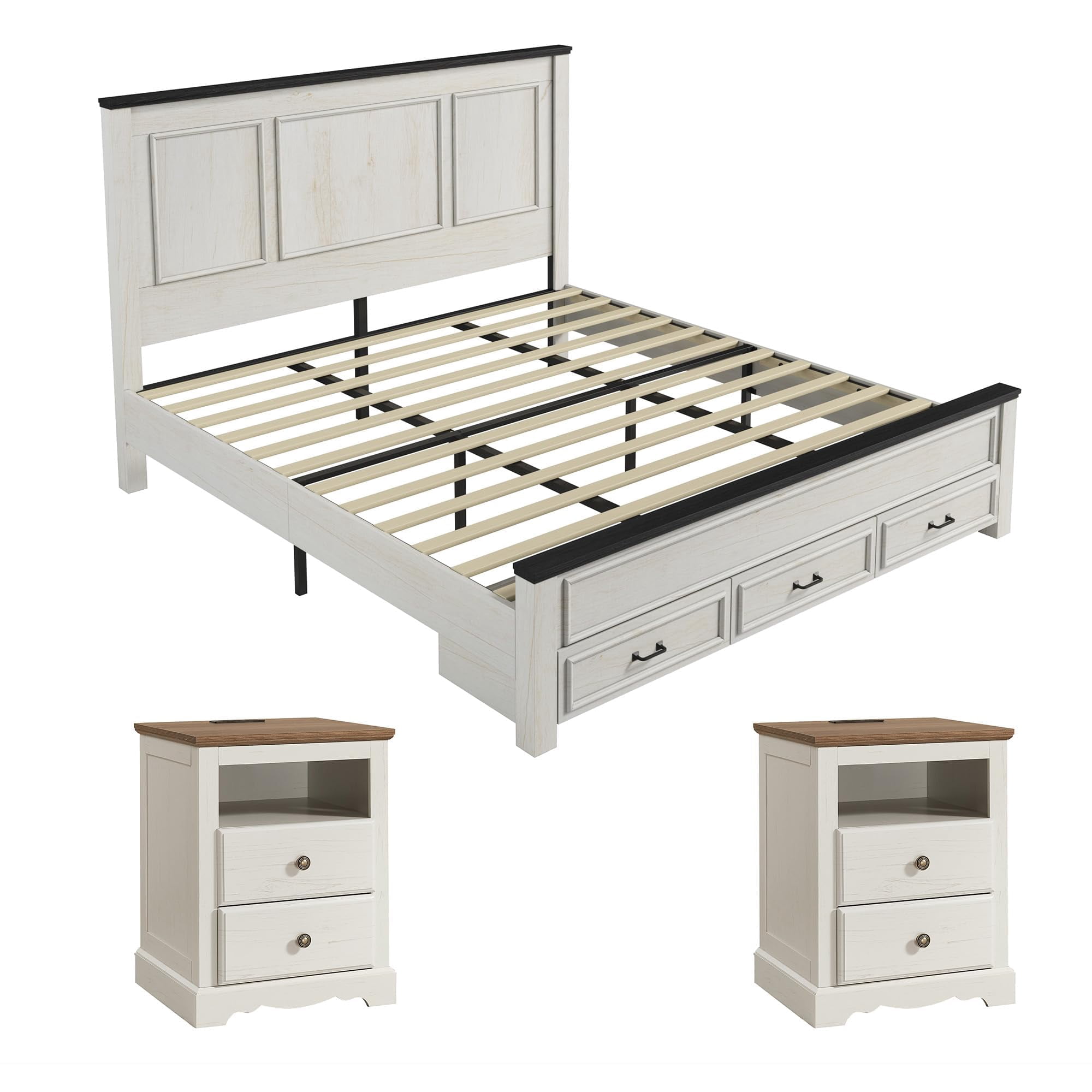 Amerlife 3-Piece Farmhouse Bedroom Furniture Set, Includes 1 King Wood Platform Bed Frame, 2 Nightstands with Charging Station, Rustic White