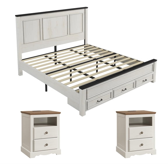 Amerlife 3-Piece Farmhouse Bedroom Furniture Set, Includes 1 King Wood Platform Bed Frame, 2 Nightstands with Charging Station, Rustic White