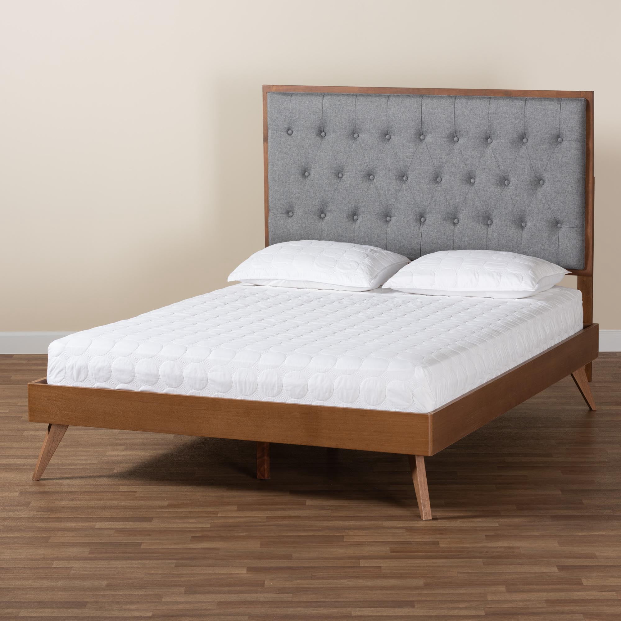 Baxton Studio Dericia Classic and Traditional Grey Fabric and Walnut Brown Finished Wood King Size Platform Bed