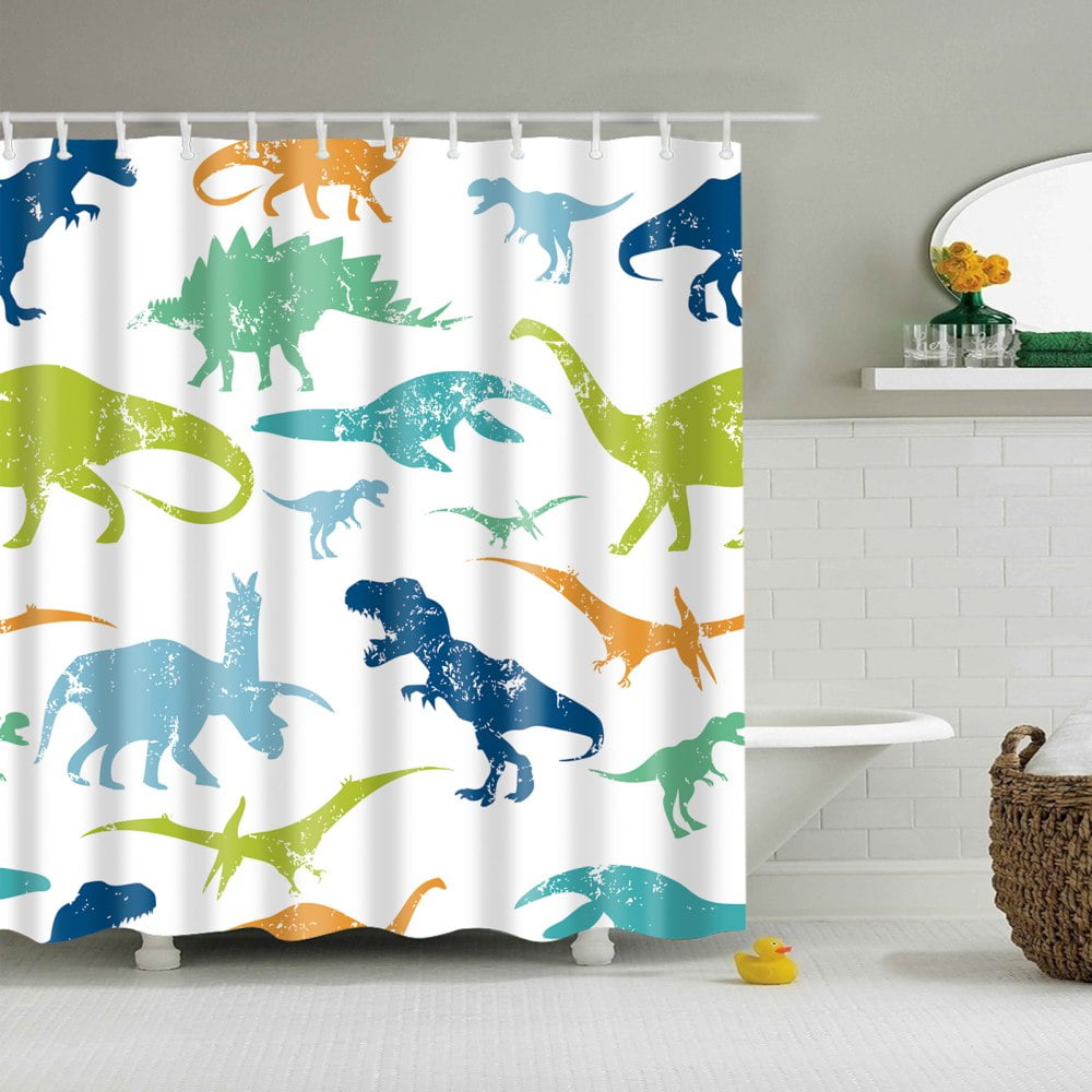 Colorful Dinosaur Painted Waterproof Fabric Shower Curtain Set Bathroom 72" Long 