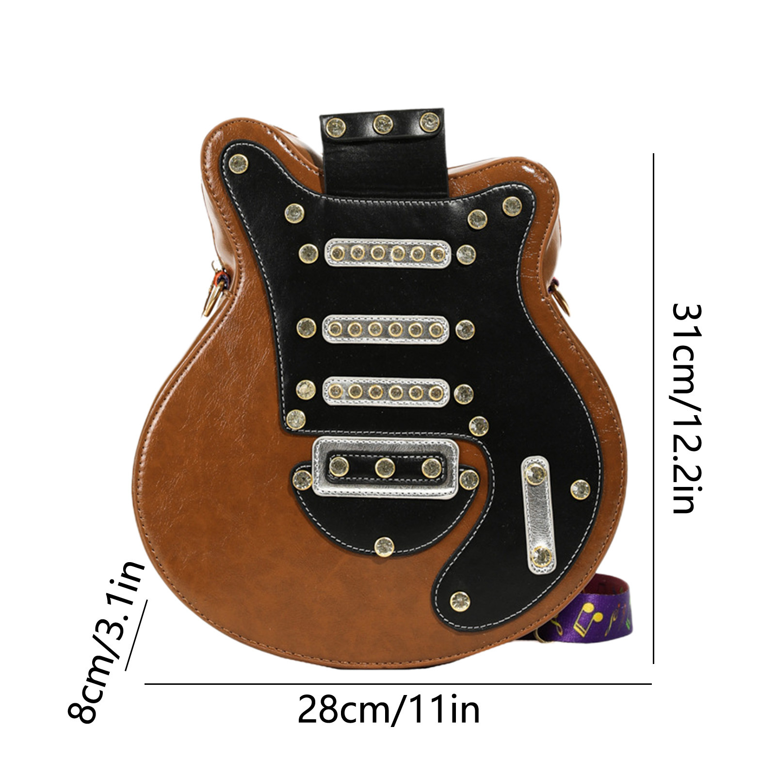 Guitar Shaped Crossbody Bag - Rhinestone Accent PU Leather Sling Bag Adjustable Strap Music Theme Purse Concert Festival Gift Unisex Design(Brown)