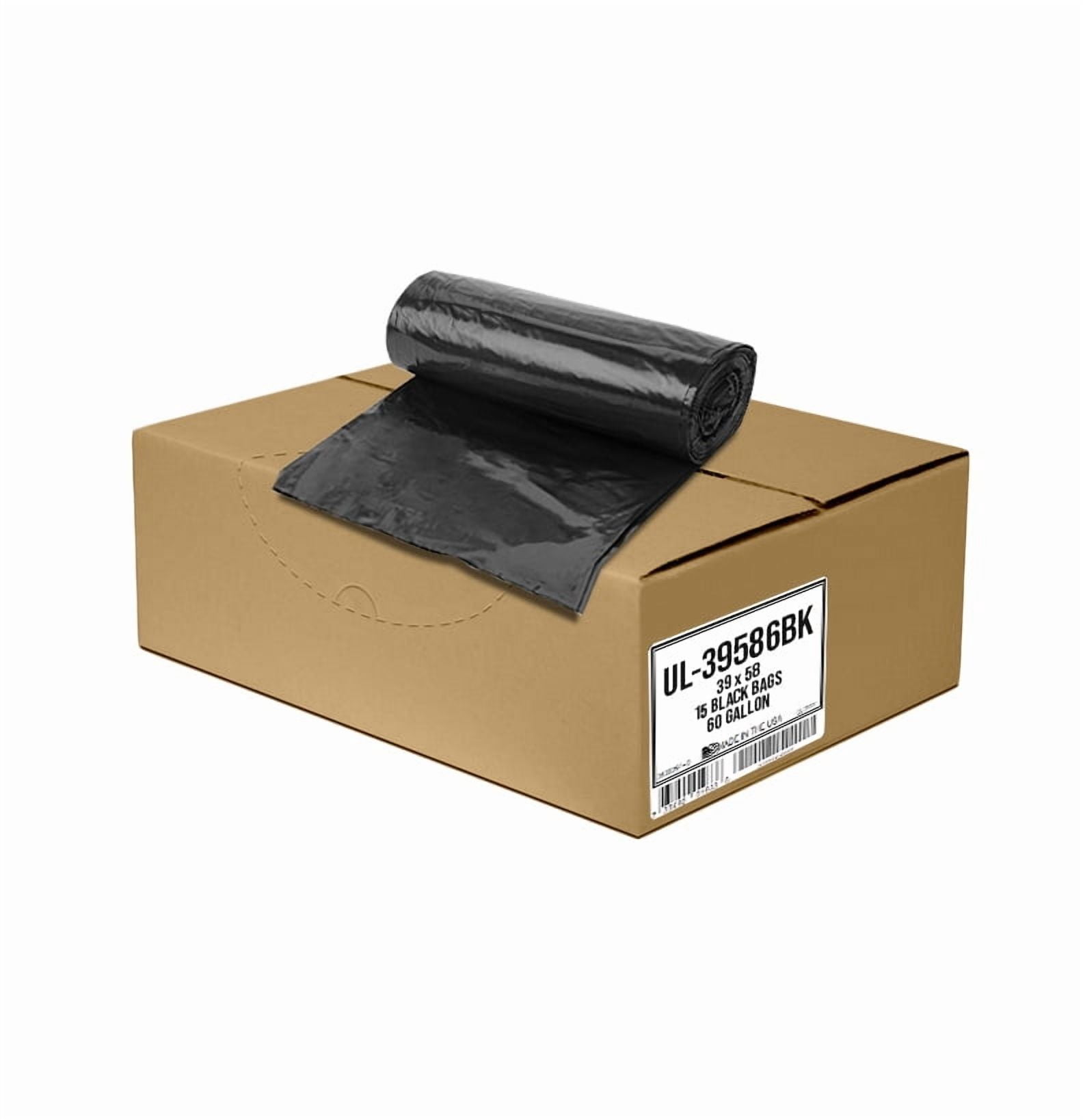 Ultrasac 55-60 Gallon 6.0 MIL Black Heavy Duty Trash Bags - 39" x 58" - Pack of 15 - For Contractor, Construction, & Industrial,UL-39586BK