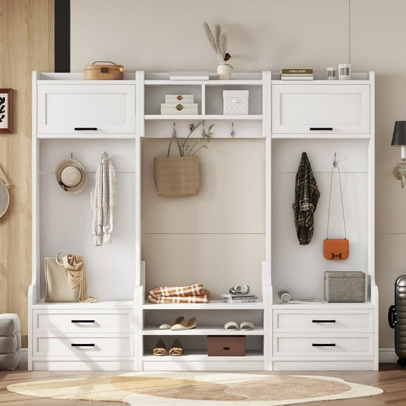 Newboti Furniture 4-in-1 Detachable Hall Tree with Storage and 7 Hooks, Multiple Functions Hallway Coat Rack with Storage Drawers and Cabinet, White Shoe Bench for Entryway Hallway 76287